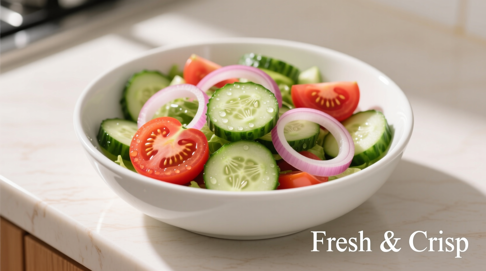 Fresh cucumber tomato onion salad in white bowl