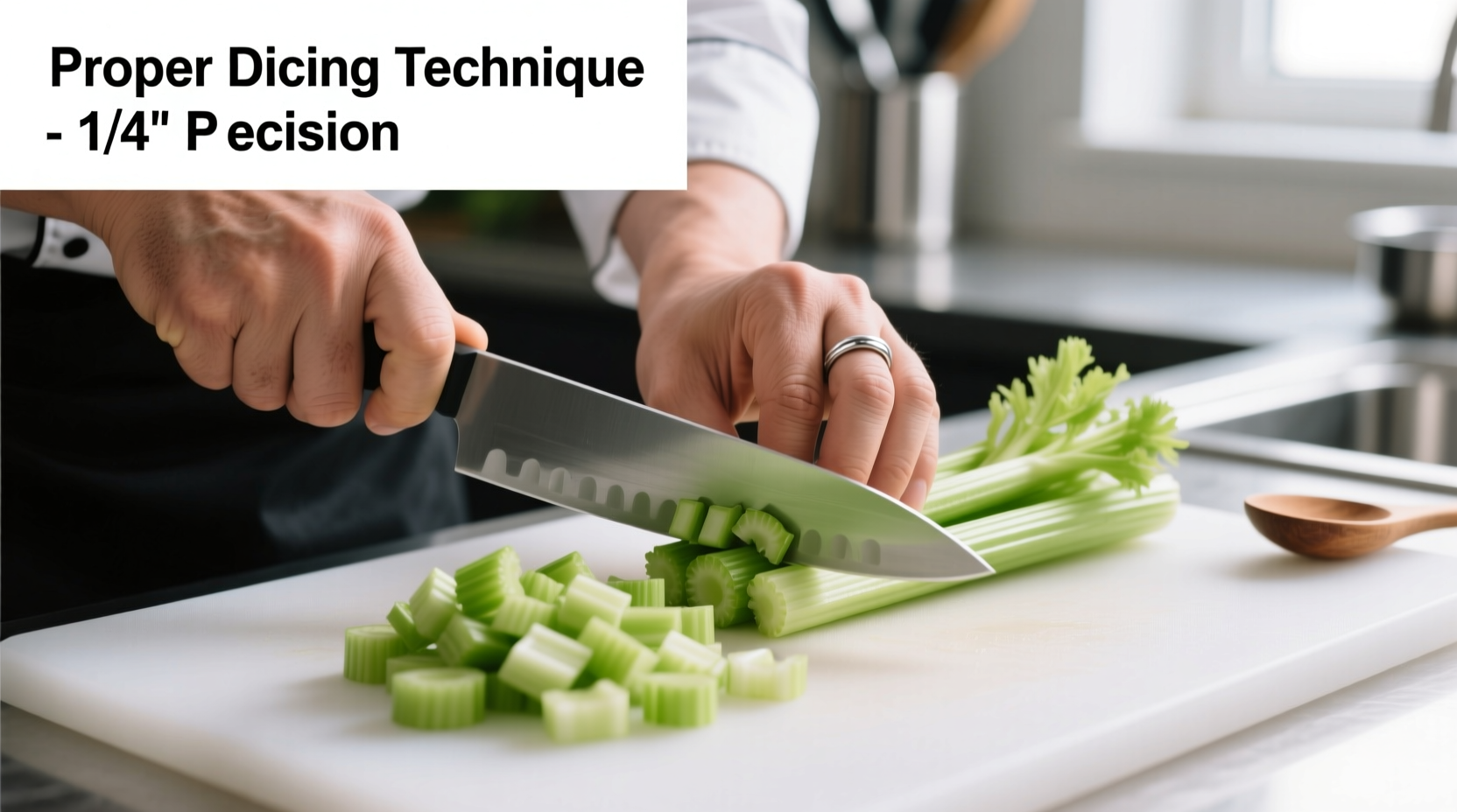 Chef's hands demonstrating proper celery dicing technique