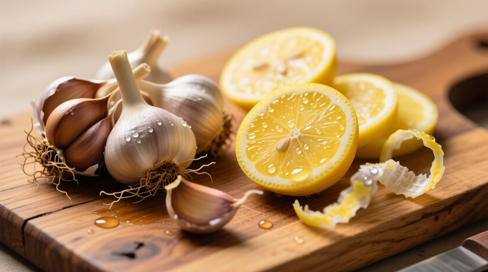 Fresh garlic cloves and sliced lemons on wooden cutting board