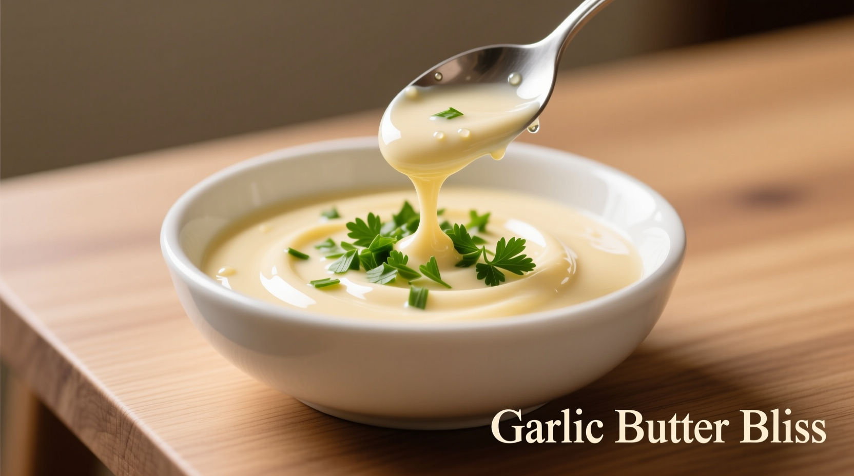 Creamy buttery garlic sauce in white bowl with fresh parsley