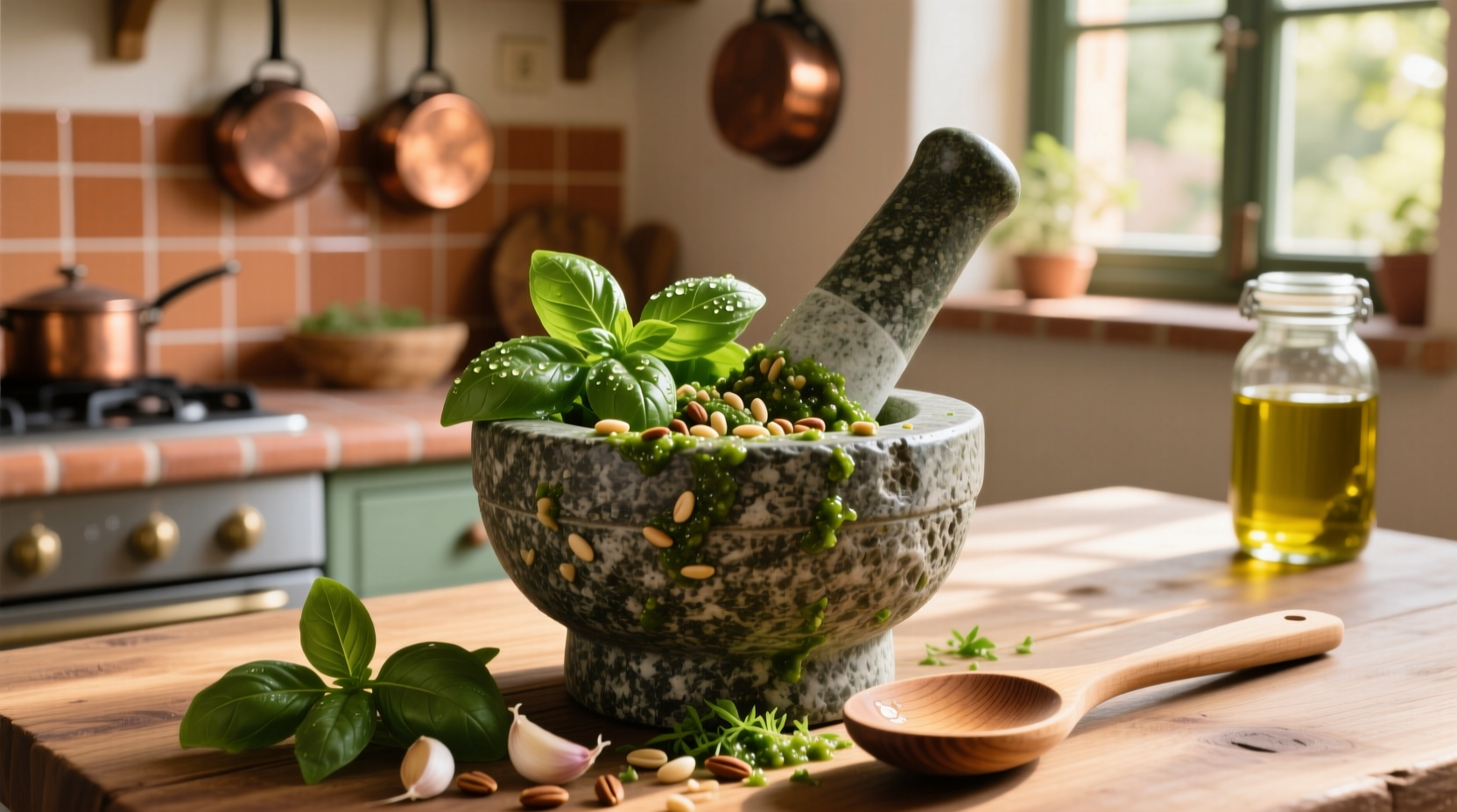 Homemade pesto sauce in mortar with fresh basil