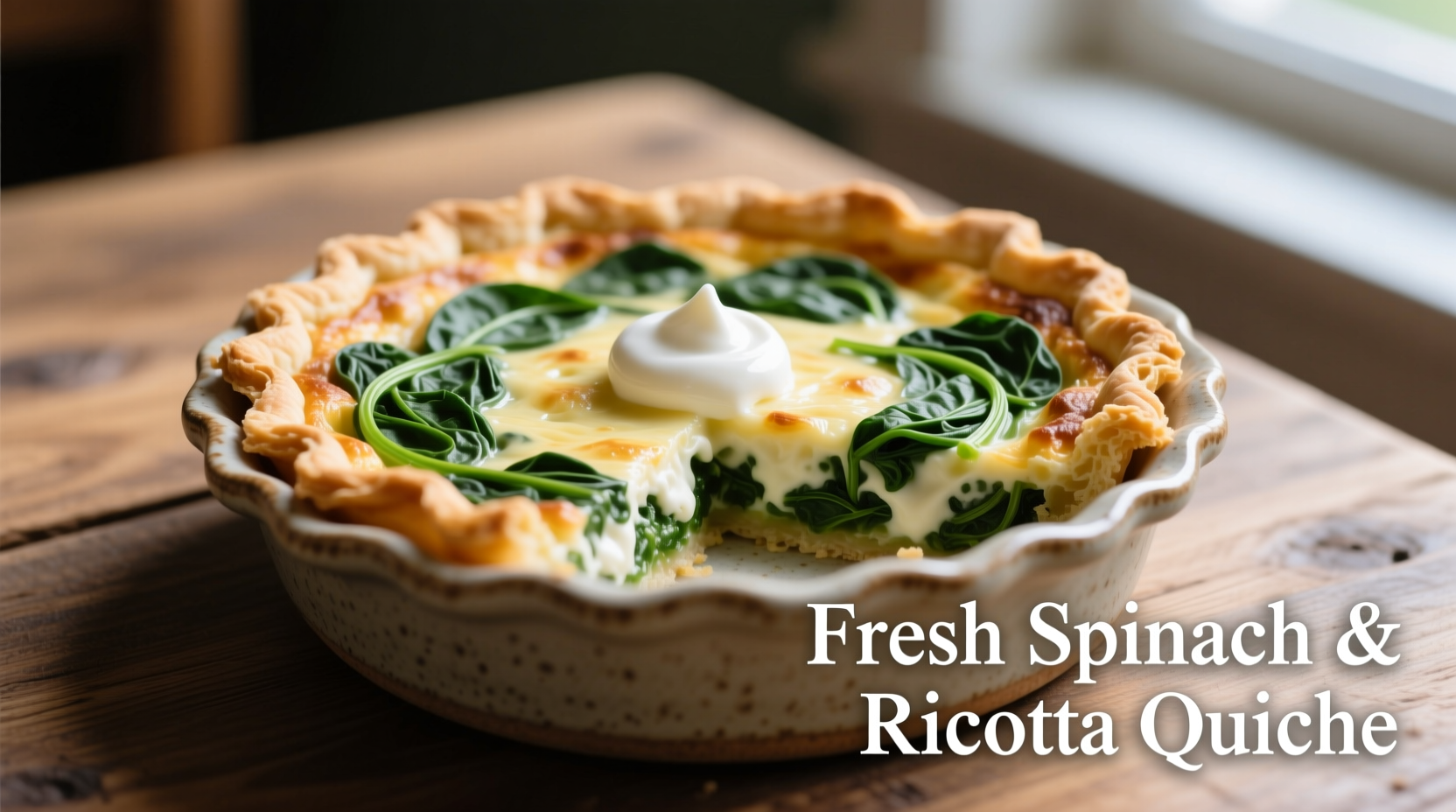 Spinach quiche with ricotta cheese in ceramic dish