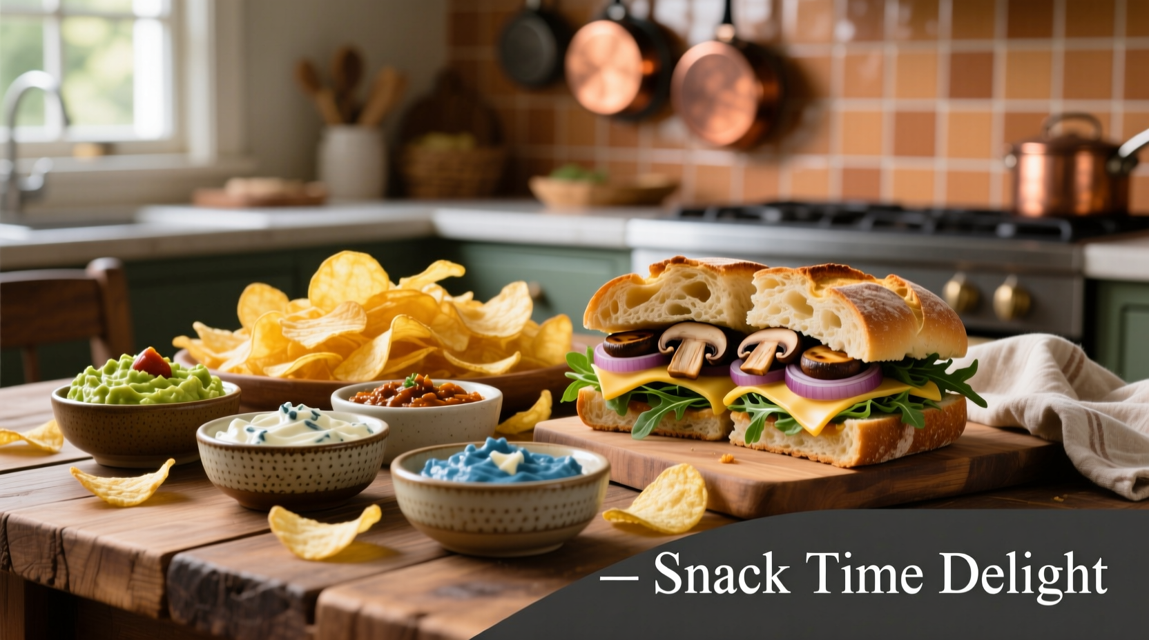 Potato chips paired with various dips and sandwiches