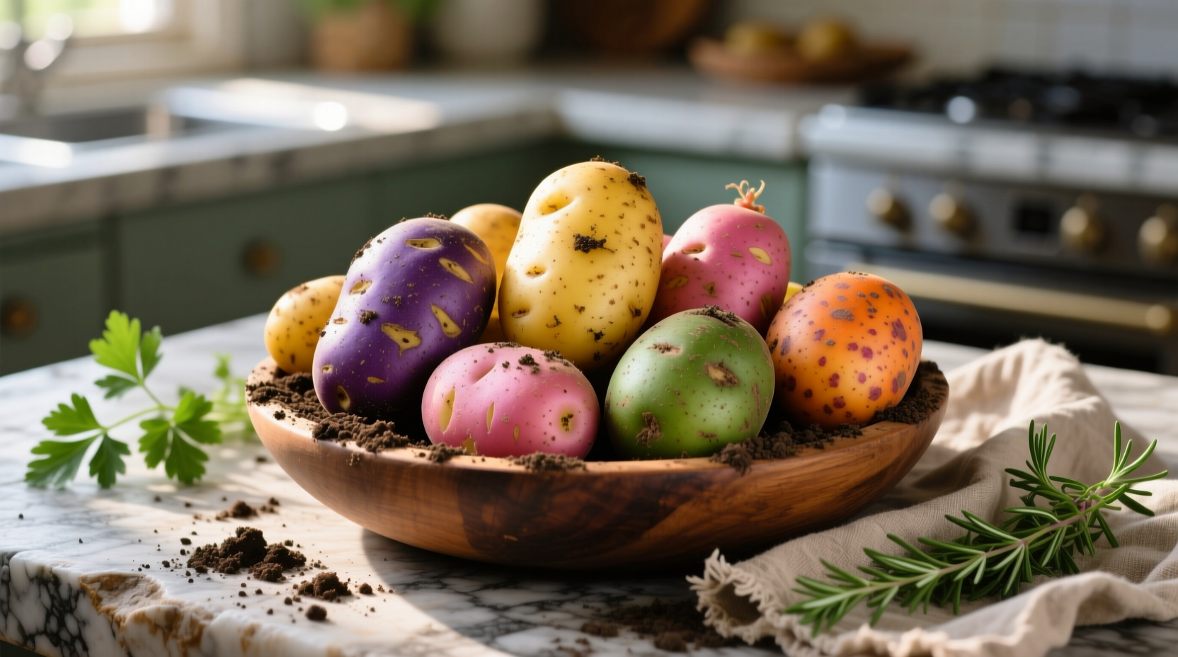 Colorful assortment of potato varieties ready for cooking
