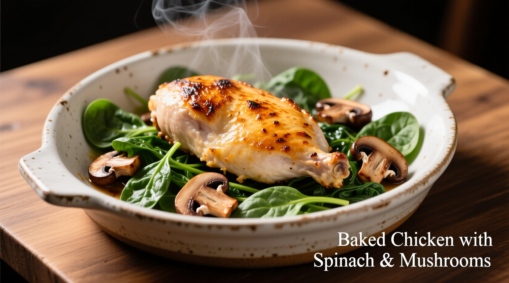 Baked chicken with spinach and mushrooms in ceramic dish