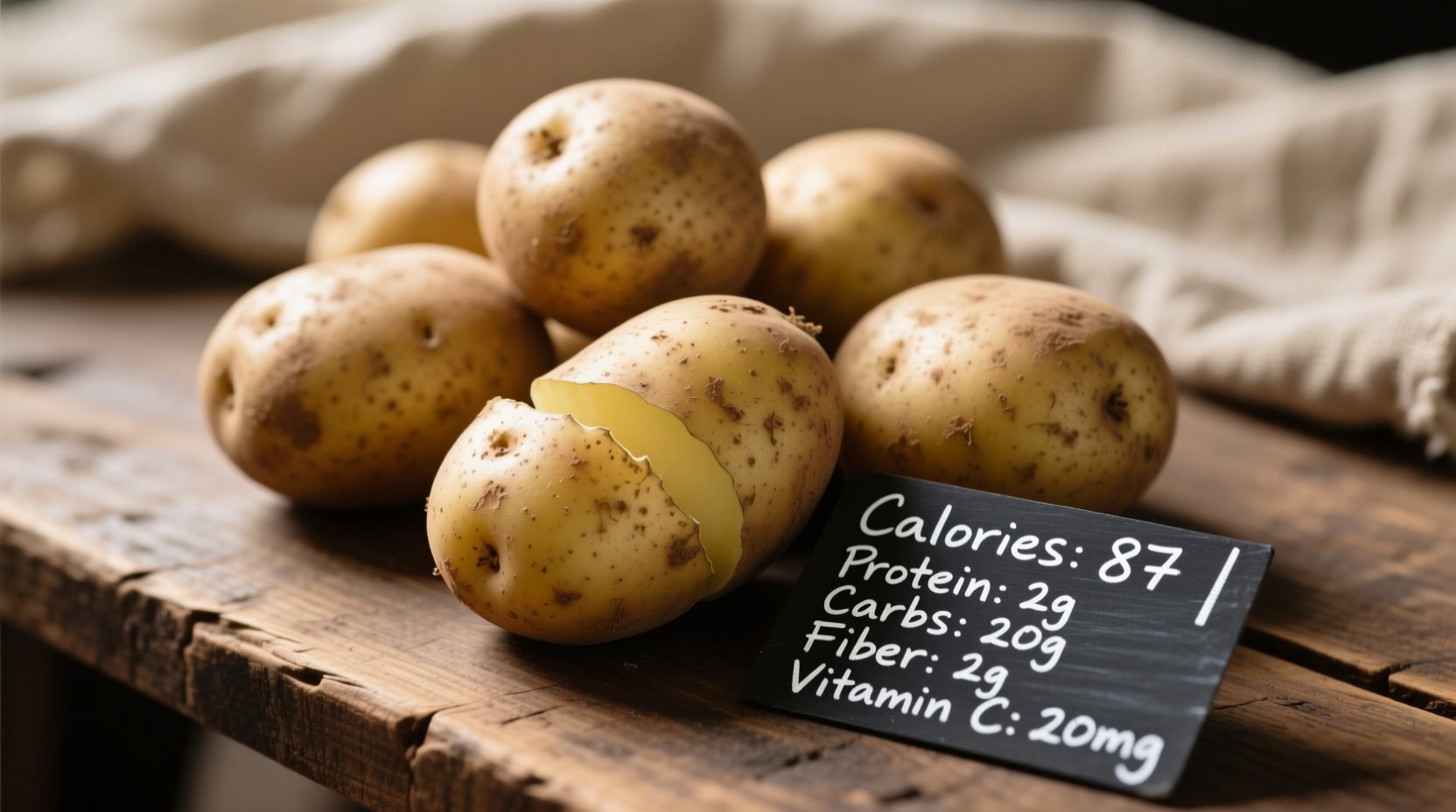 Fresh potatoes with skin showing nutritional content