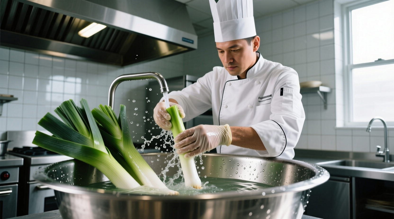 Professional chef cleaning leeks in stainless steel bowl