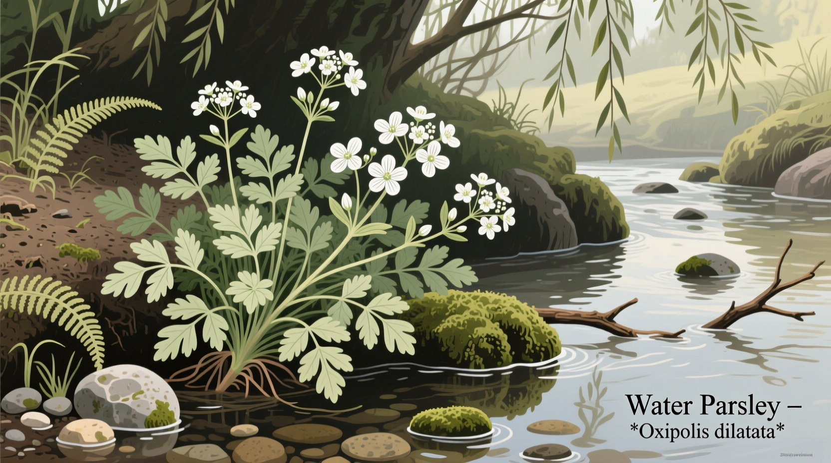 Water parsley plant growing along stream bank