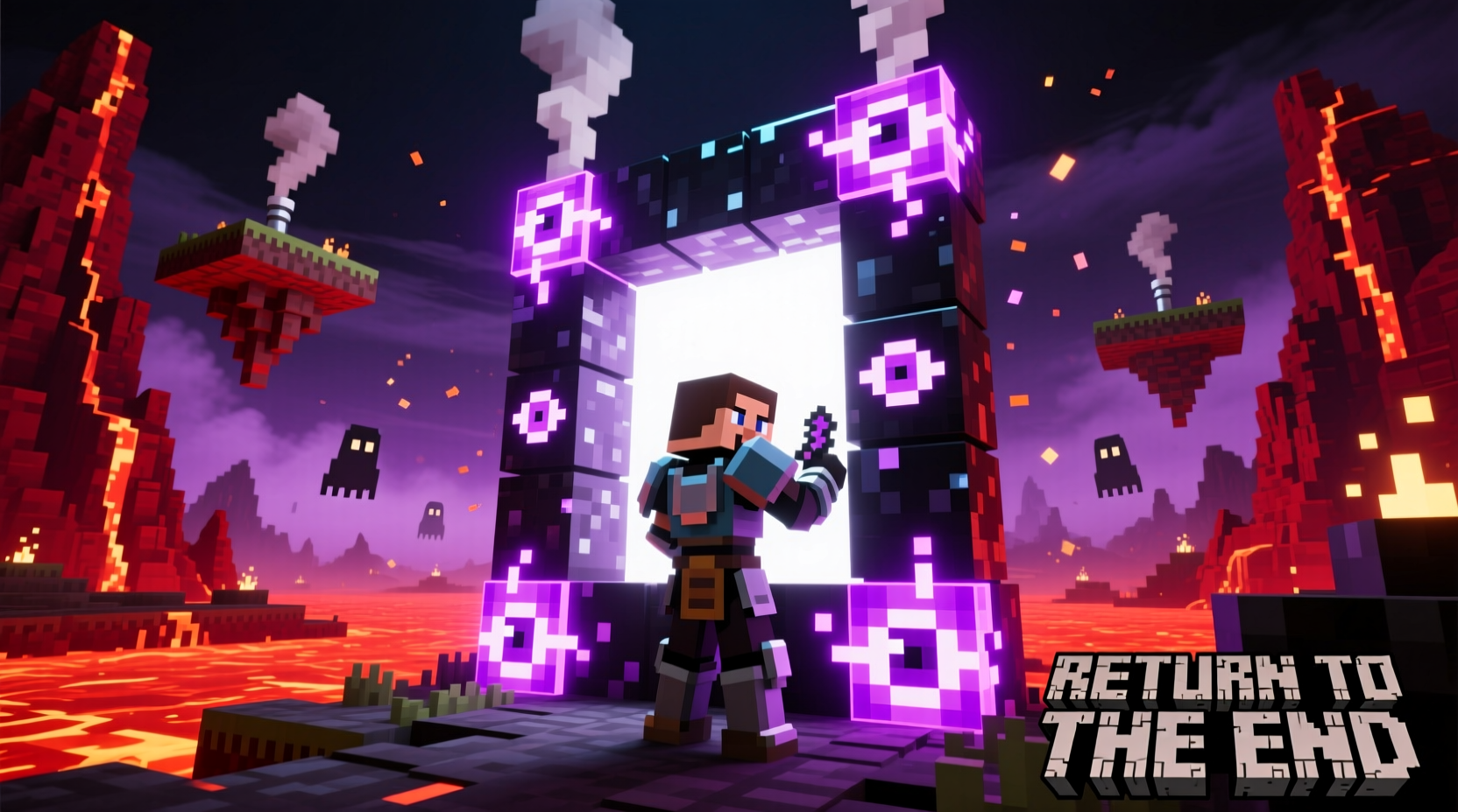 Minecraft player building return portal in Nether dimension