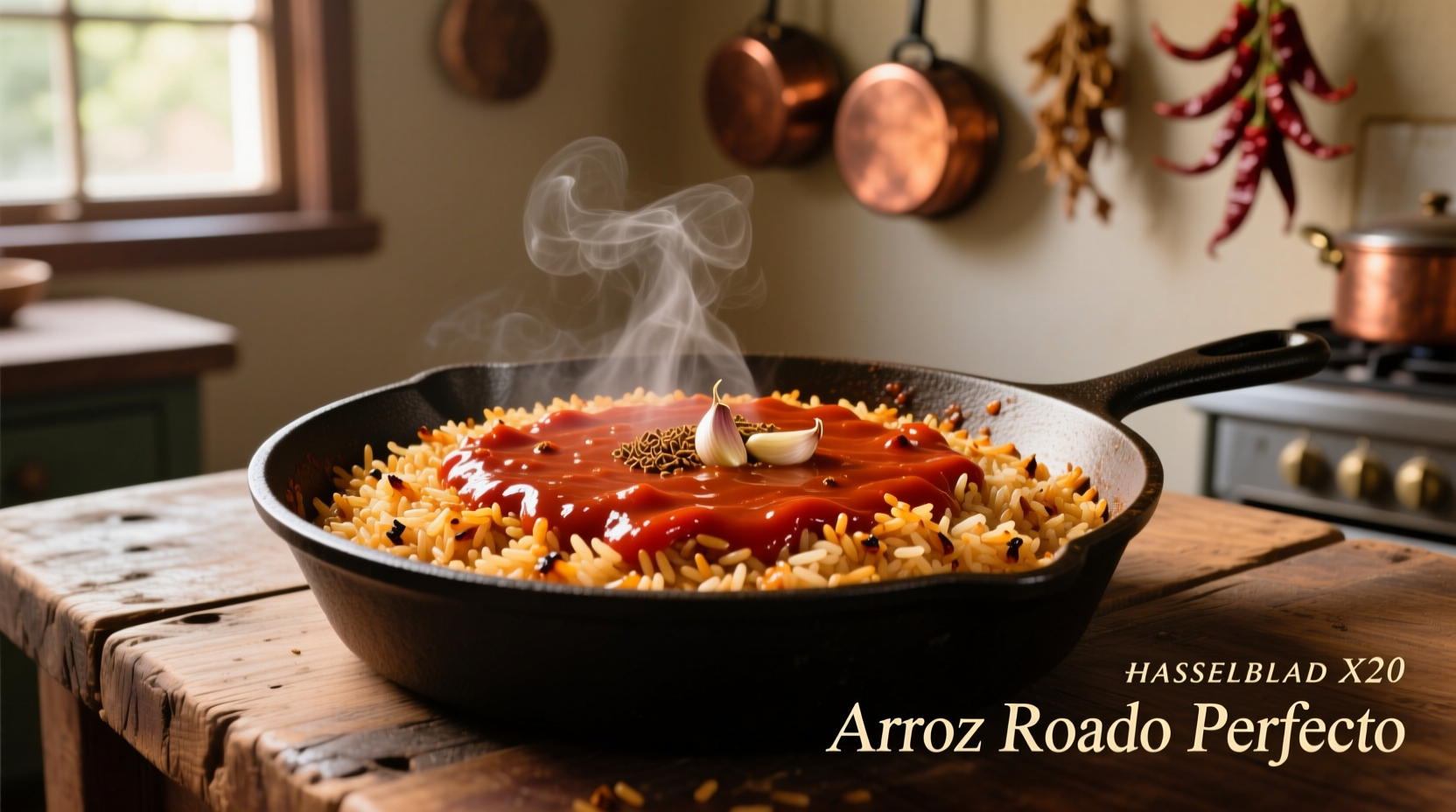 Perfectly cooked Mexican rice with tomato paste in cast iron skillet
