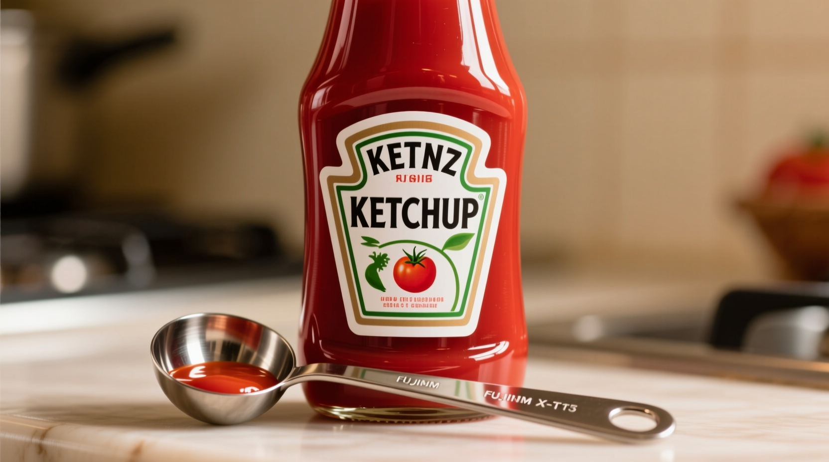 Close-up of tomato ketchup bottle with measuring spoon