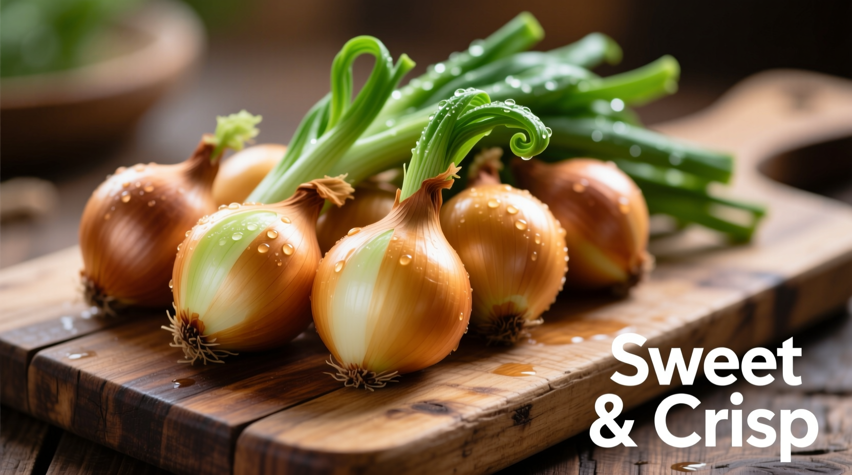 Fresh candy onions with green tops on wooden cutting board