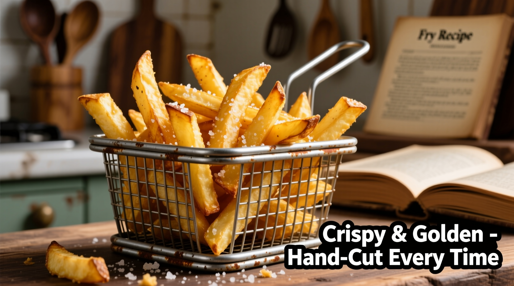 Golden crispy potato fries in a metal basket