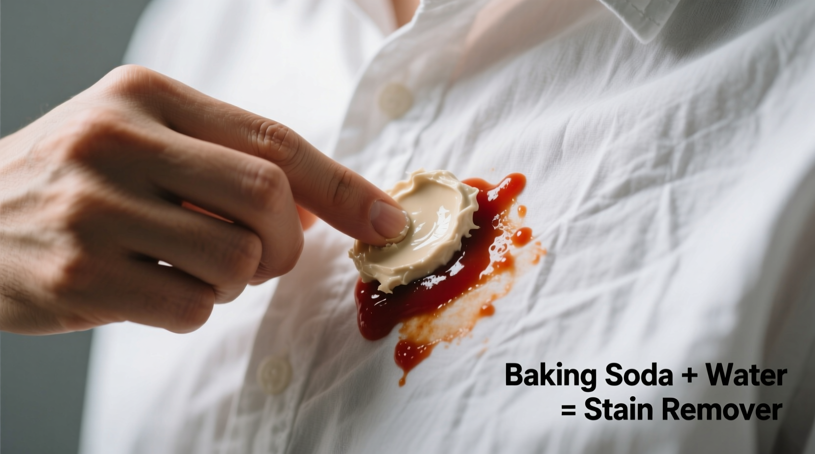 Hand applying baking soda paste to tomato sauce stain on white shirt