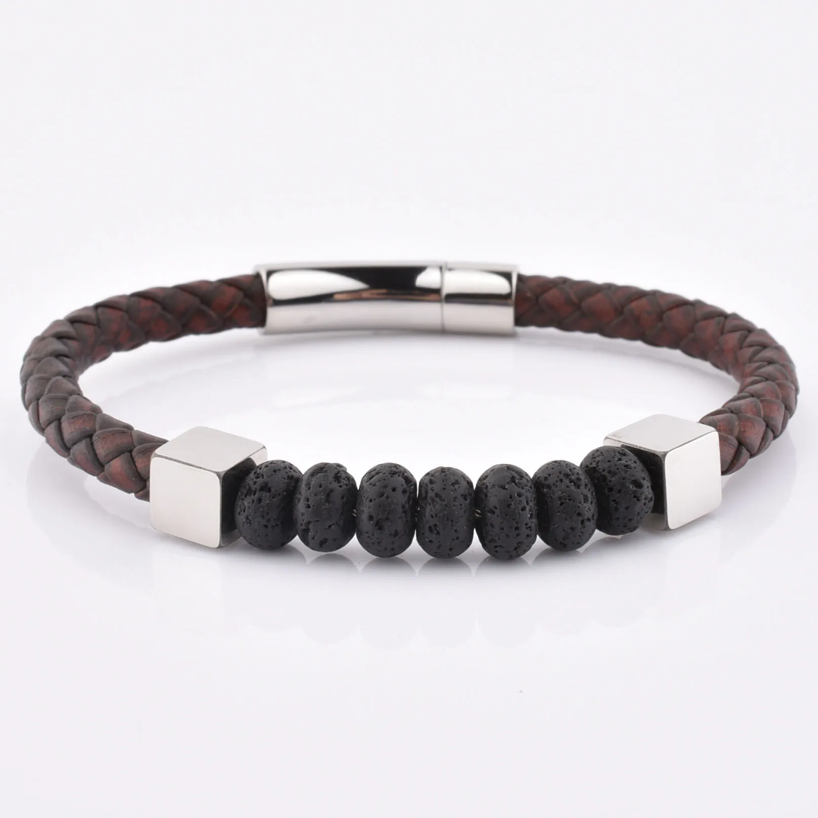 Fashion Man Brown Woven Leather Unique Lava Stone Bead Spacer Bracelet