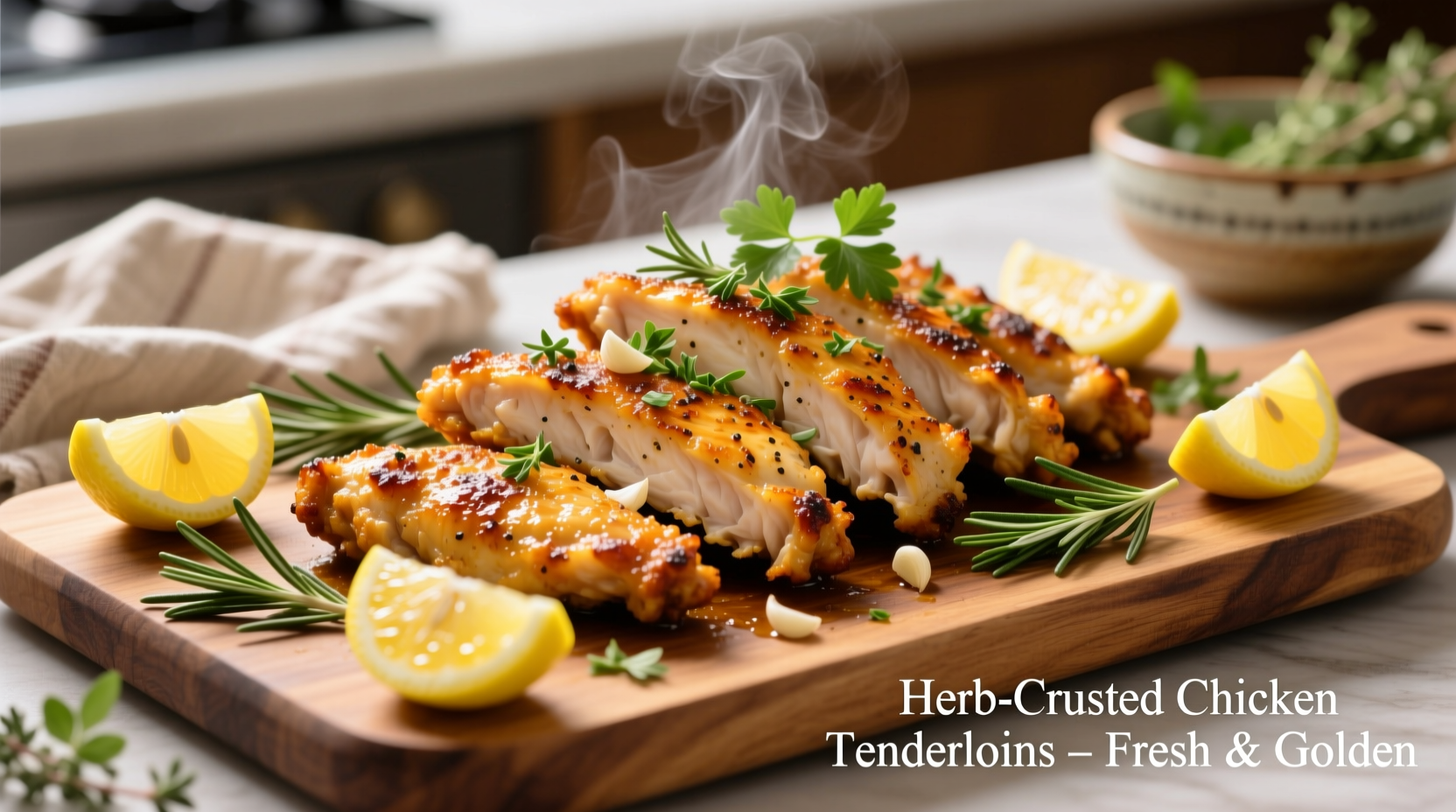 Golden chicken tenderloins with herbs and lemon wedges