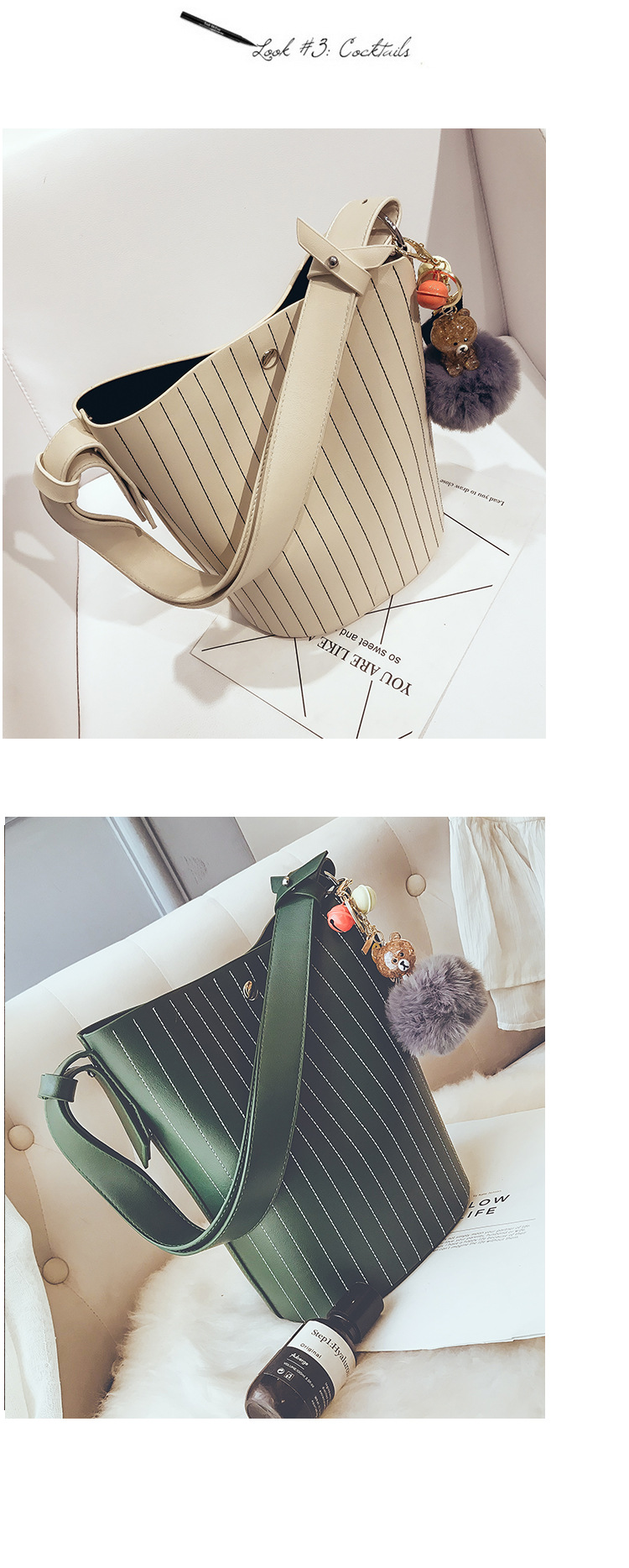 wholesale bear decoration Striped tote bag set quilted sling shoulder hairball hand bags big bucket bag for women