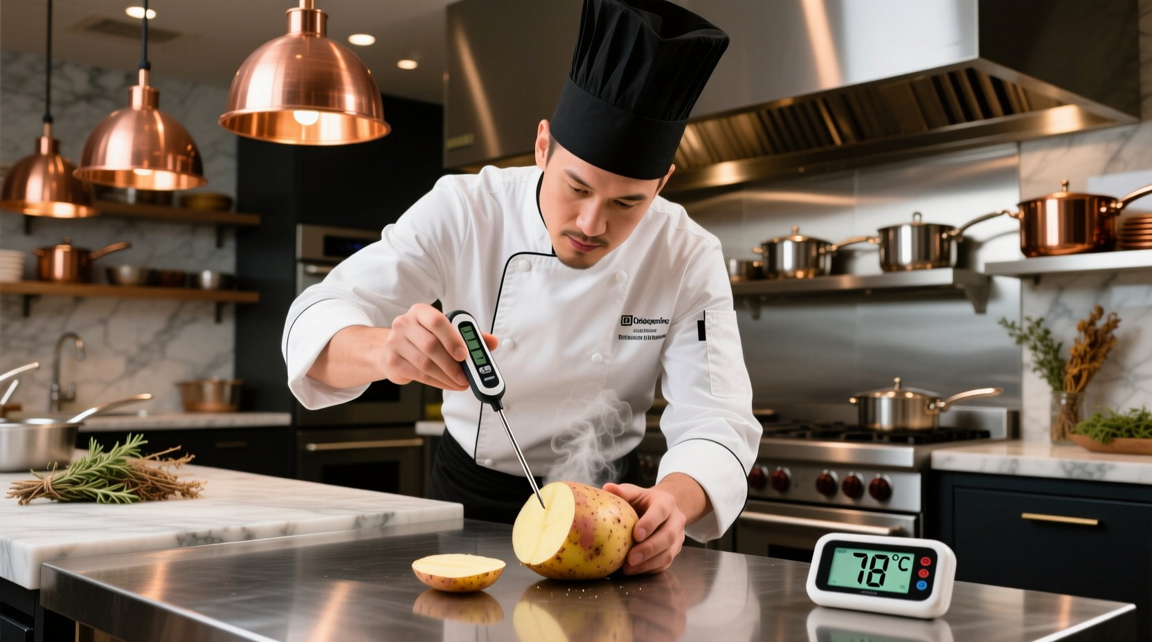 Professional chef checking potato temperature with thermometer