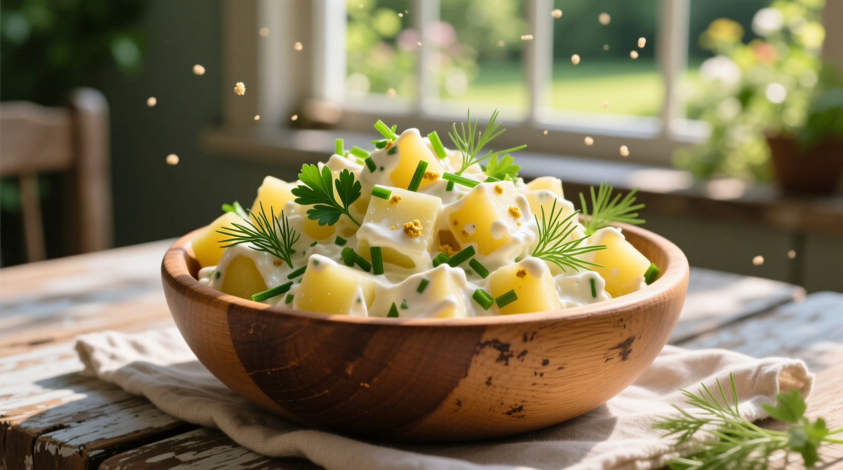 Creamy potato salad with fresh herbs in wooden bowl