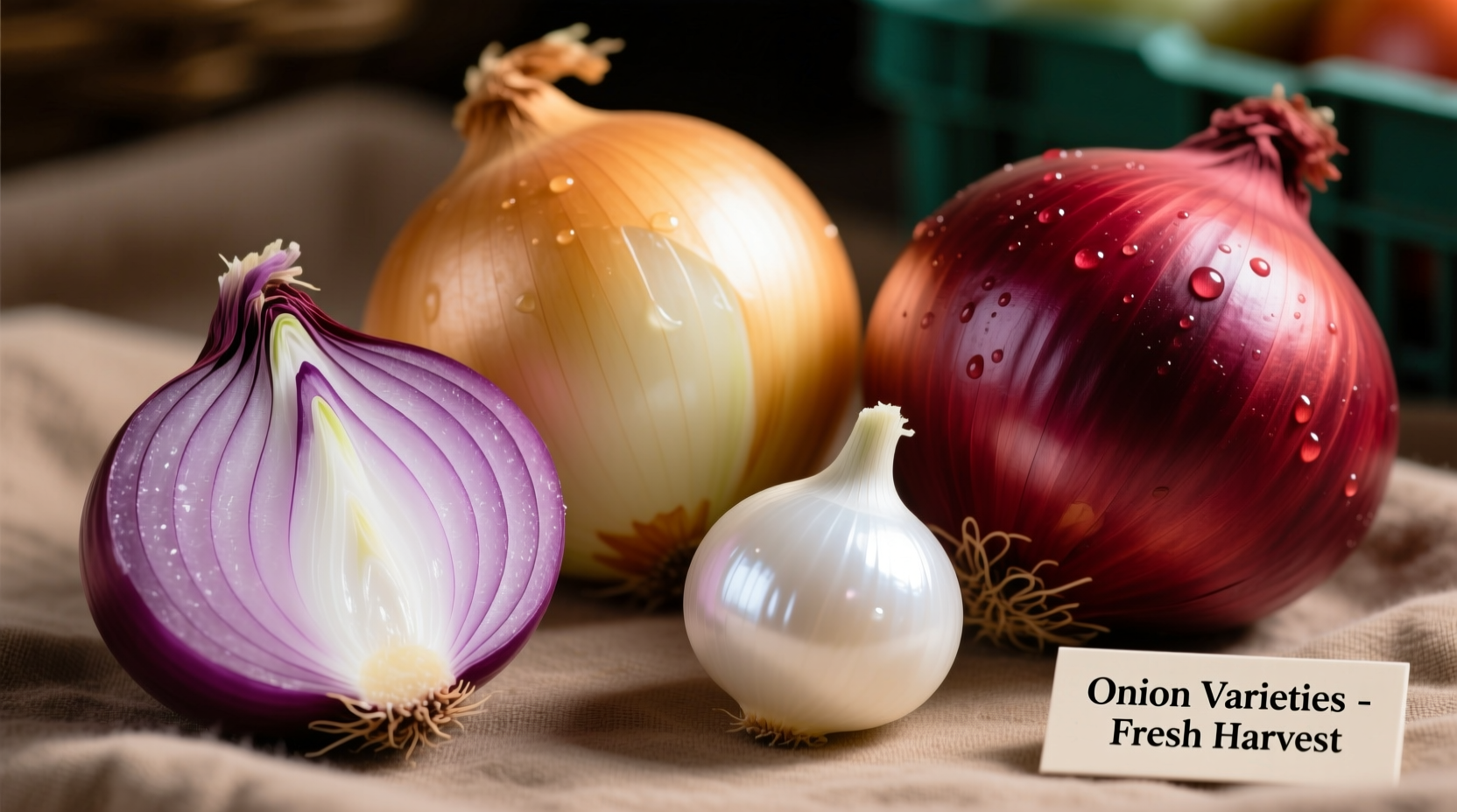 Close-up of raw onions showing different varieties