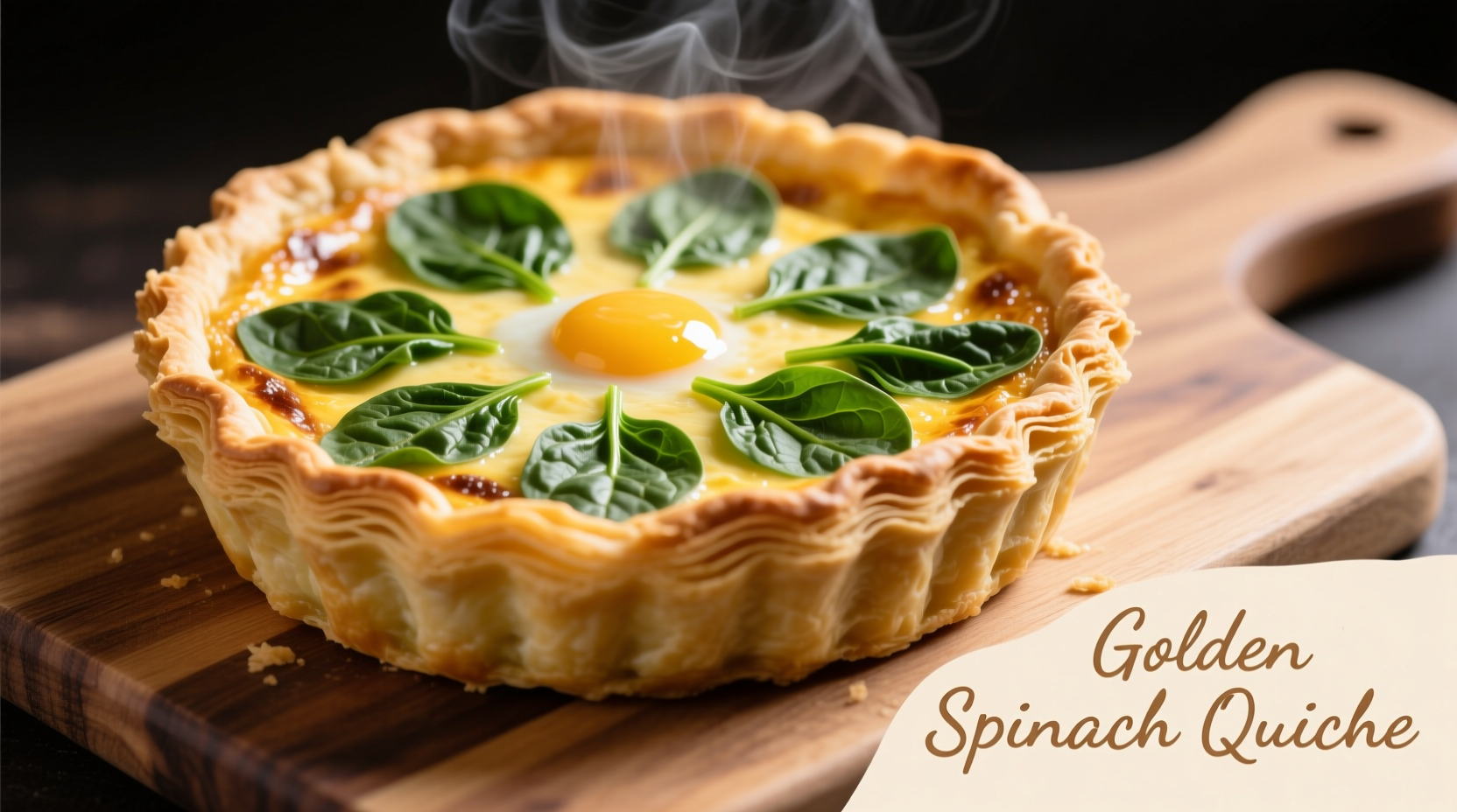 Perfect golden spinach quiche with visible flaky crust