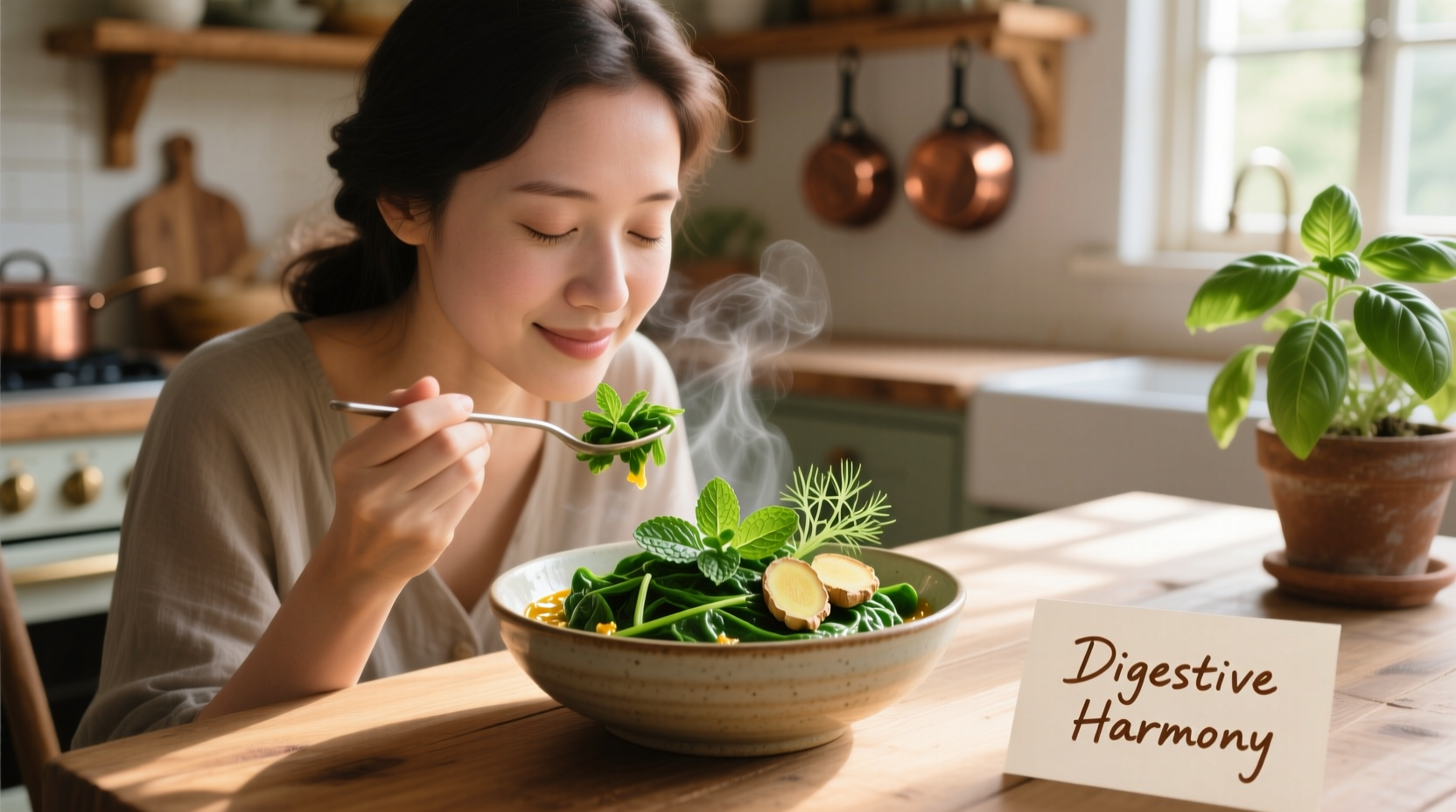 Woman enjoying cooked spinach with digestive-friendly herbs