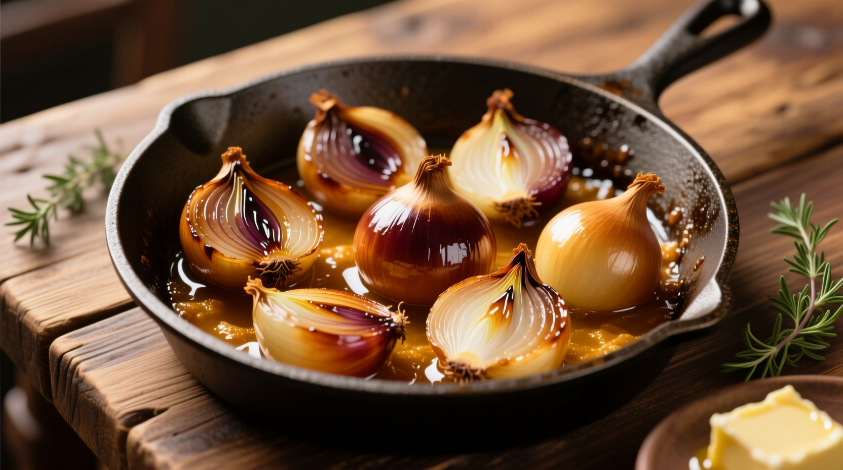 Golden caramelized onions in cast iron skillet