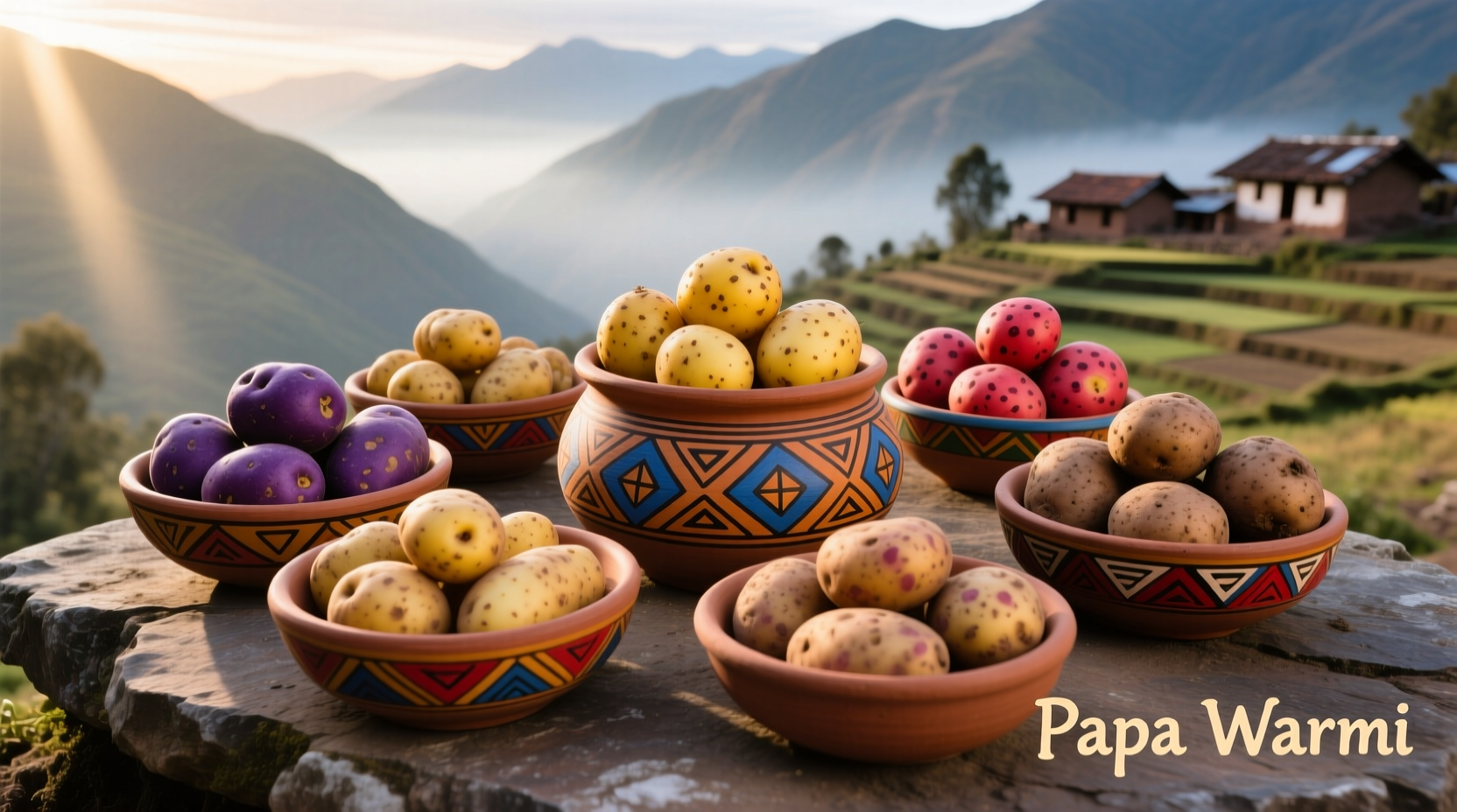 Ancient Andean potato varieties displayed in traditional pottery