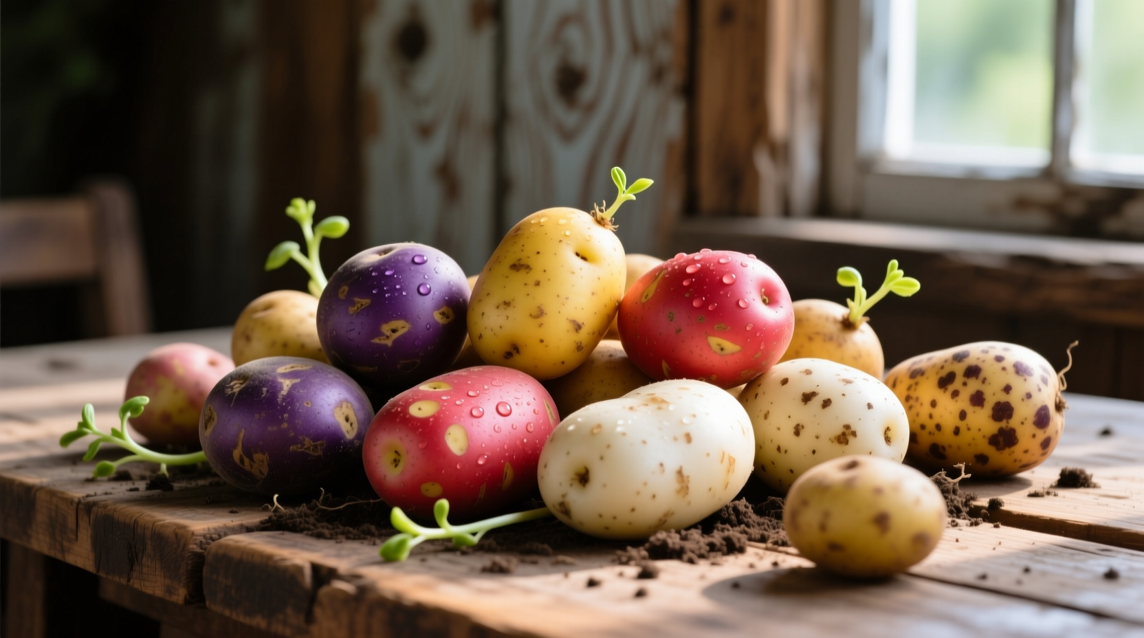 Colorful varieties of potatoes on wooden table