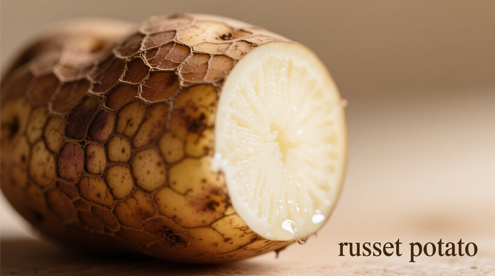 Russet potato showing netted brown skin and white flesh