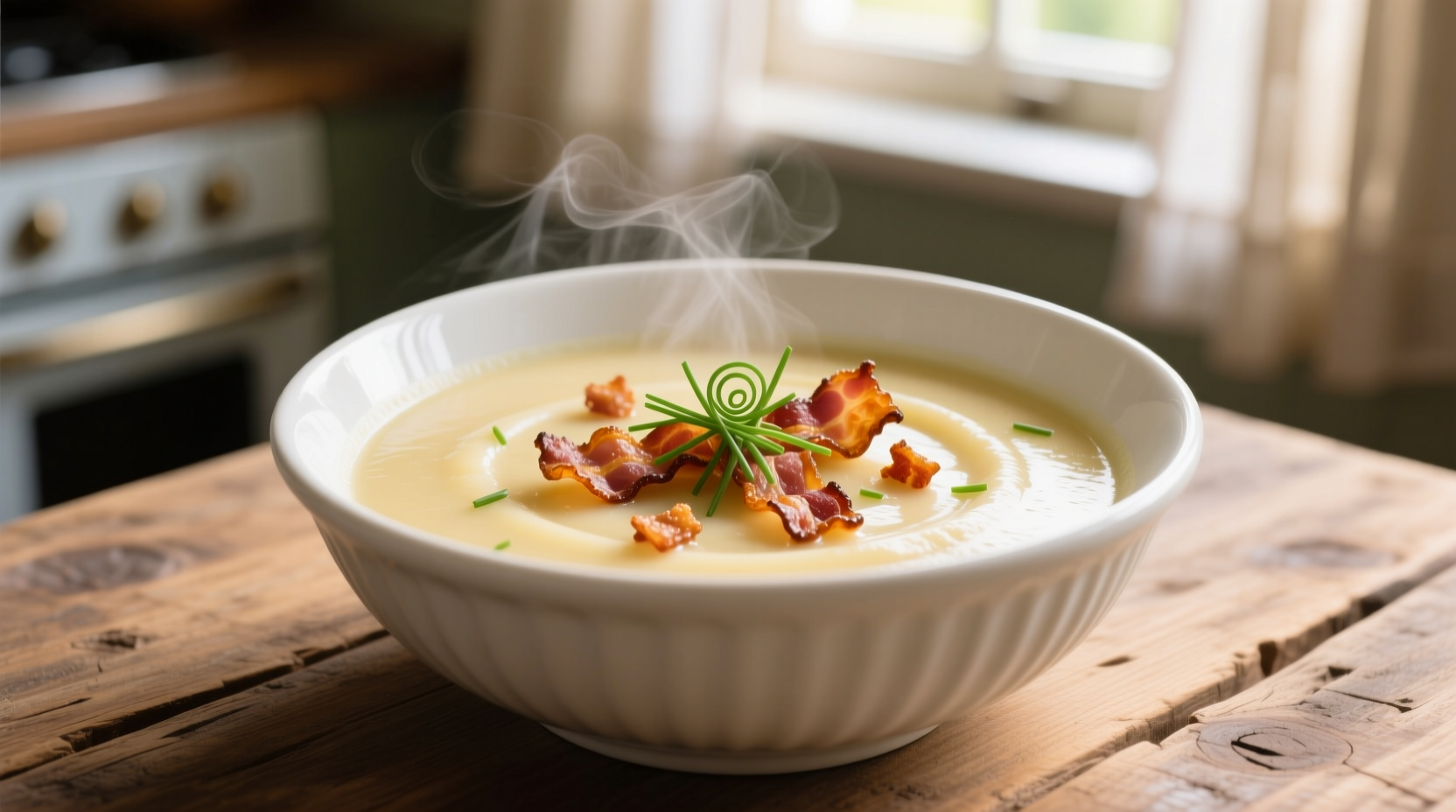 Creamy potato soup with bacon garnish in white bowl