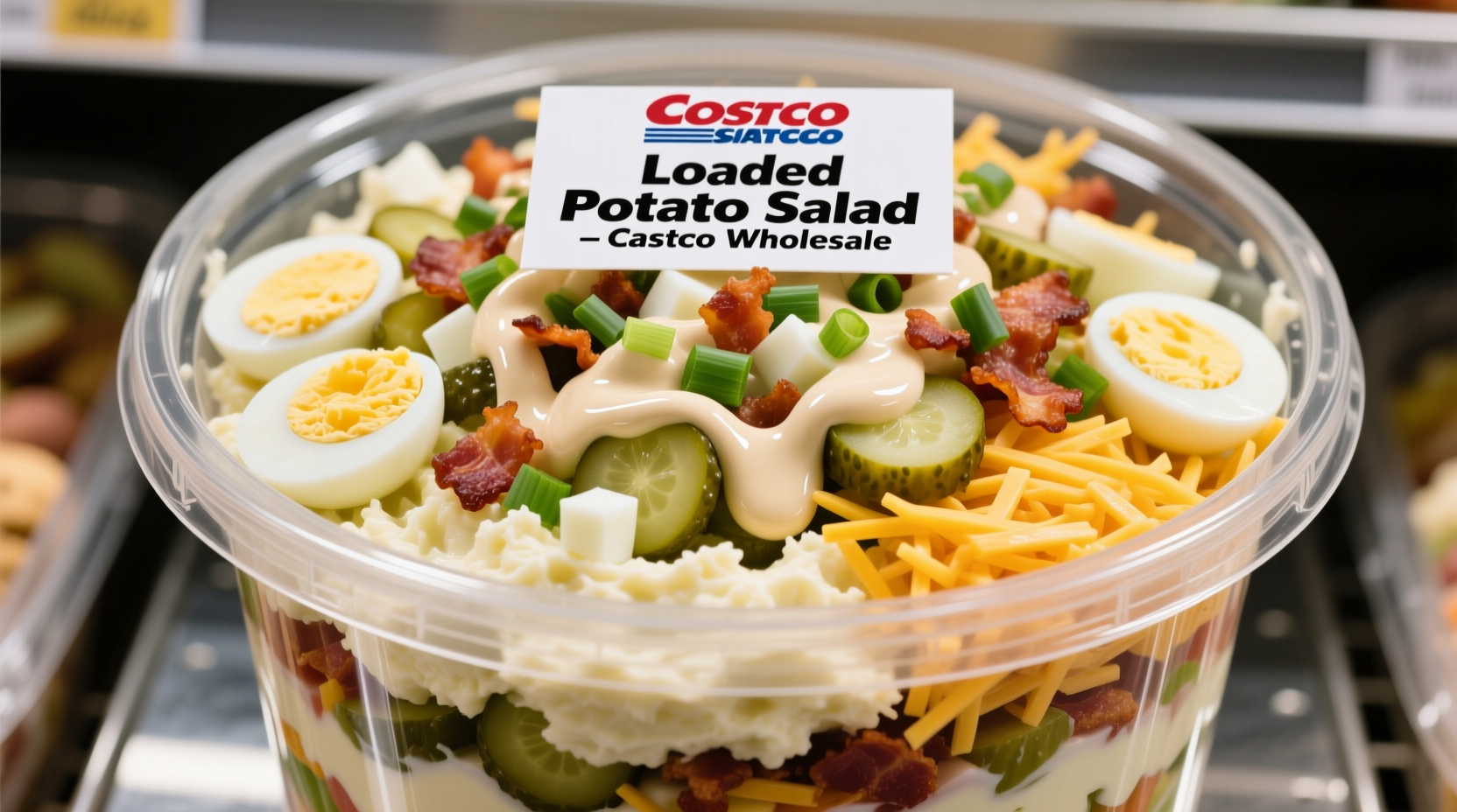 Costco loaded potato salad in clear container showing ingredients