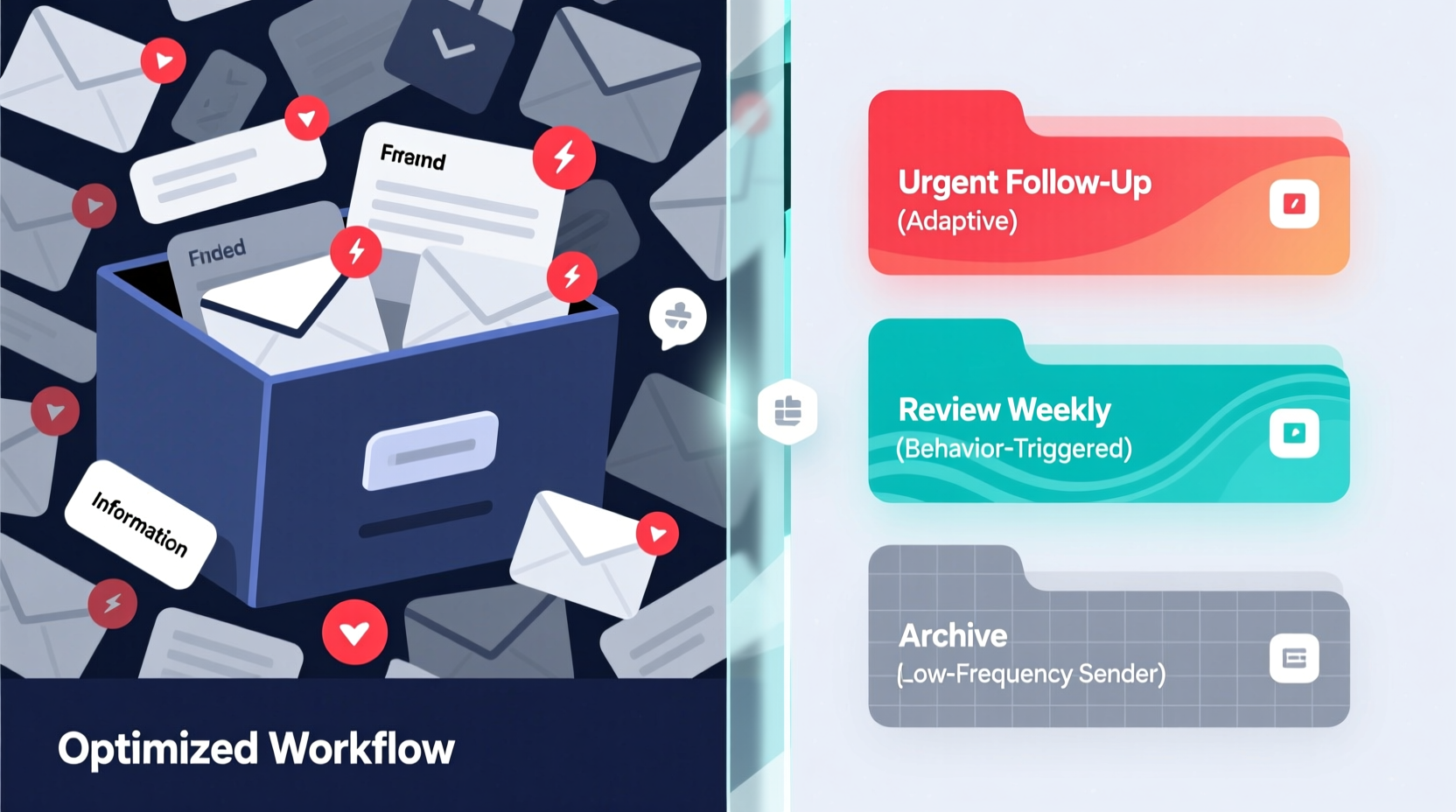 A split-screen diagram showing left side: chaotic inbox with overlapping labels and unread counts; right side: clean interface with color-coded folders labeled 'Urgent Follow-Up (Adaptive)', 'Review Weekly (Behavior-Triggered)', and 'Archive (Low-Frequency Sender)'