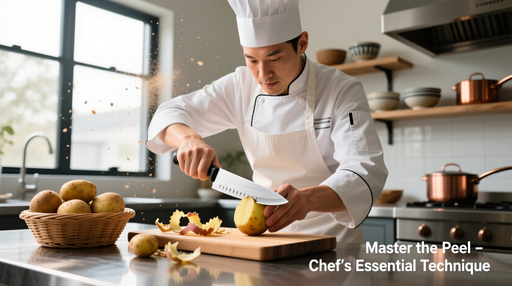 Professional chef demonstrating potato peeling technique