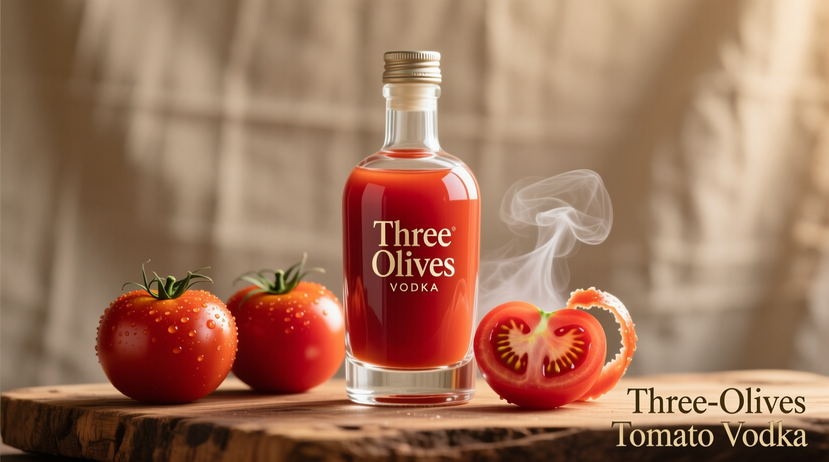 Three Olives Tomato Vodka bottle with fresh tomatoes