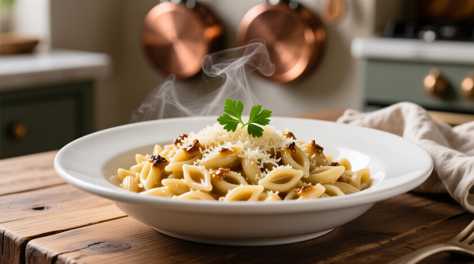 Creamy orzo garlic parmesan in white bowl