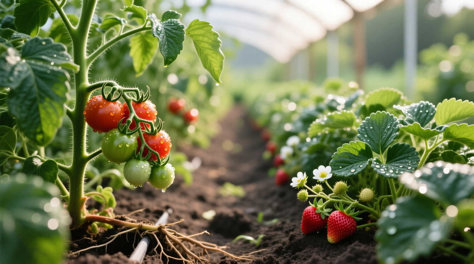 Close-up of healthy tomato and strawberry plants with proper spacing