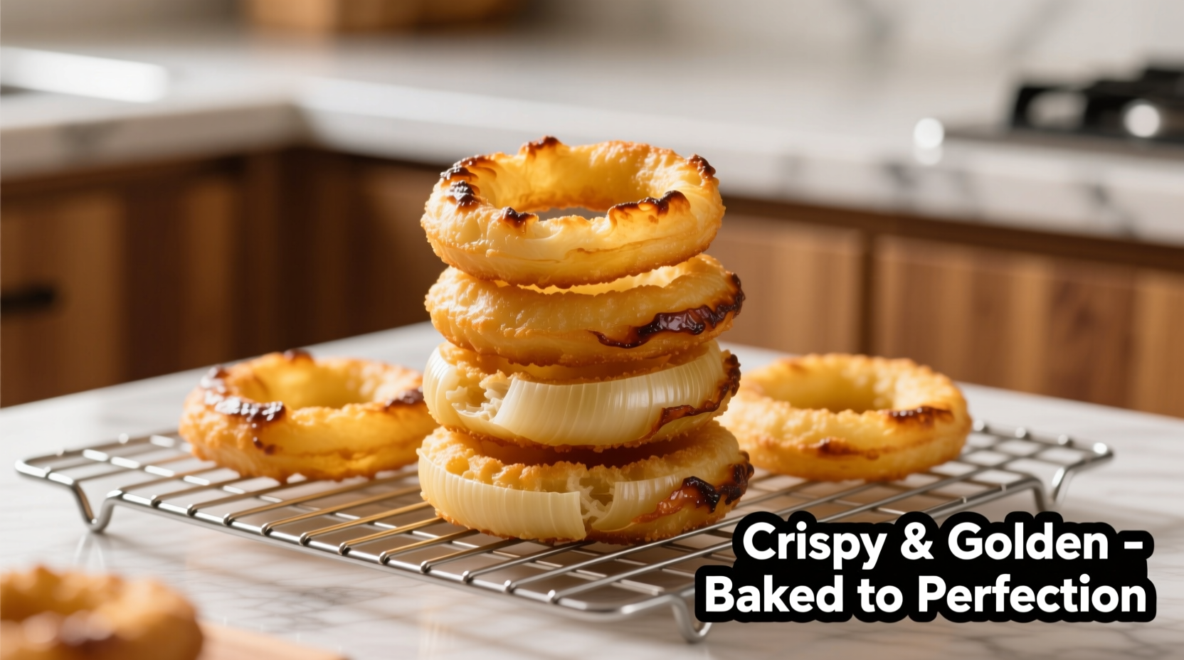 Perfectly golden baked onion rings on cooling rack