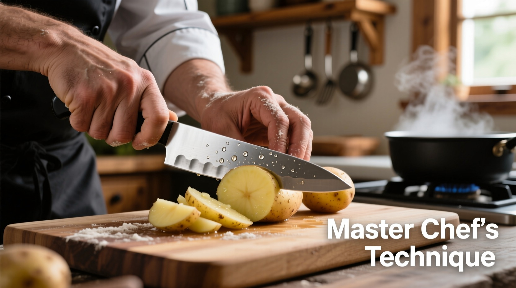 Chef's hands dicing potatoes with sharp knife on cutting board