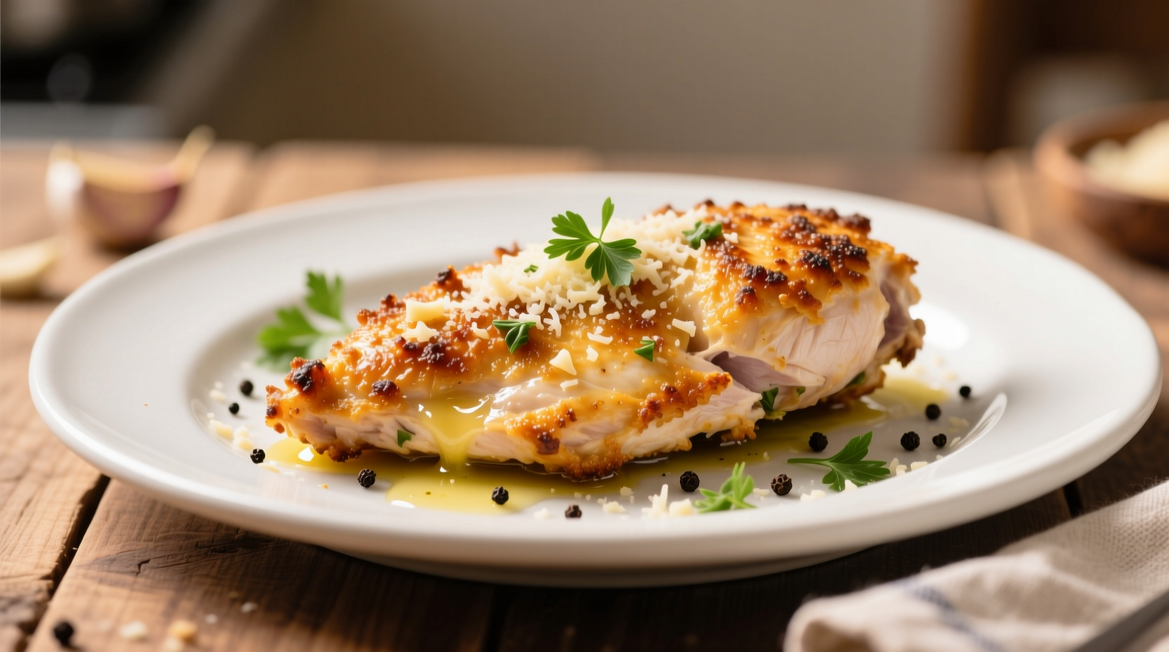 Golden garlic parmesan crusted chicken on white plate