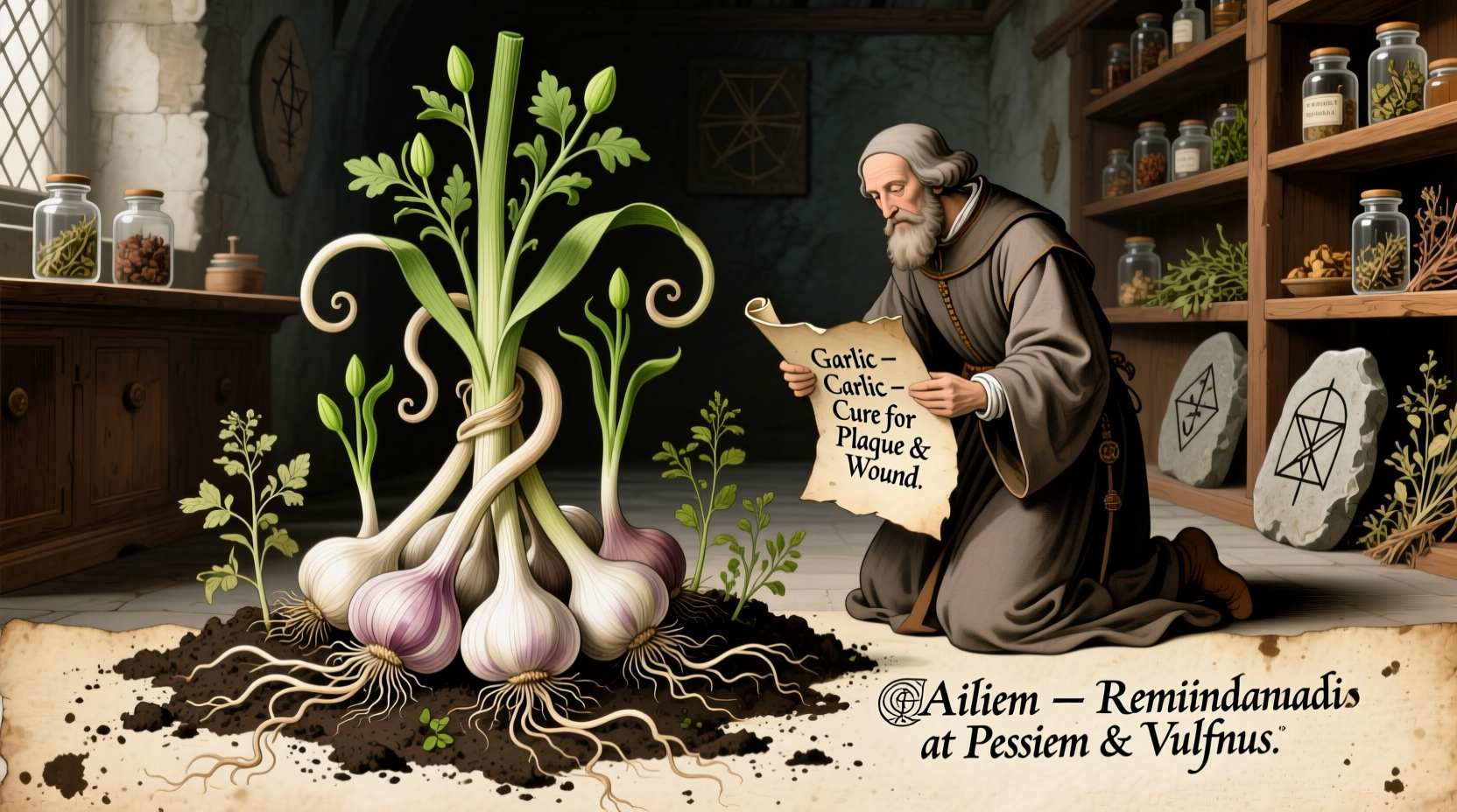 Historical illustration of garlic used in folk medicine