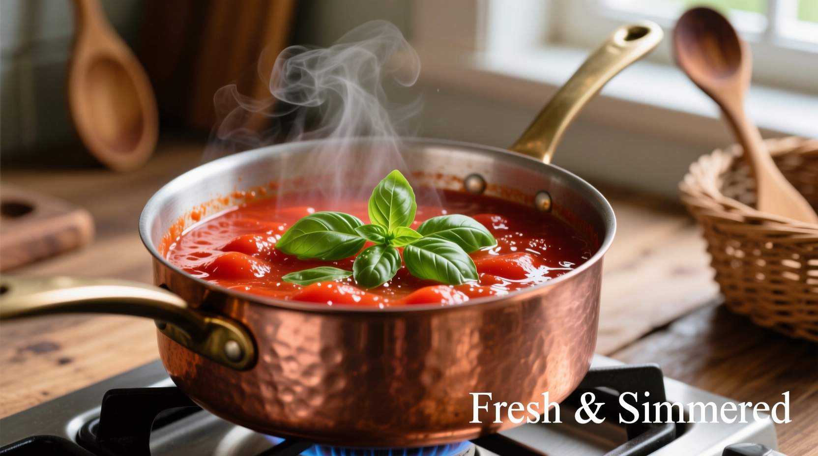 Fresh tomato sauce simmering in copper pot with basil garnish