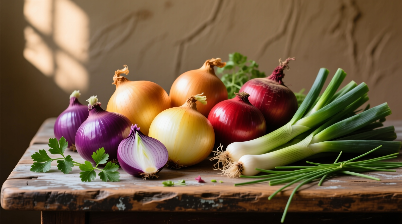 Colorful assortment of onion family vegetables on wooden table