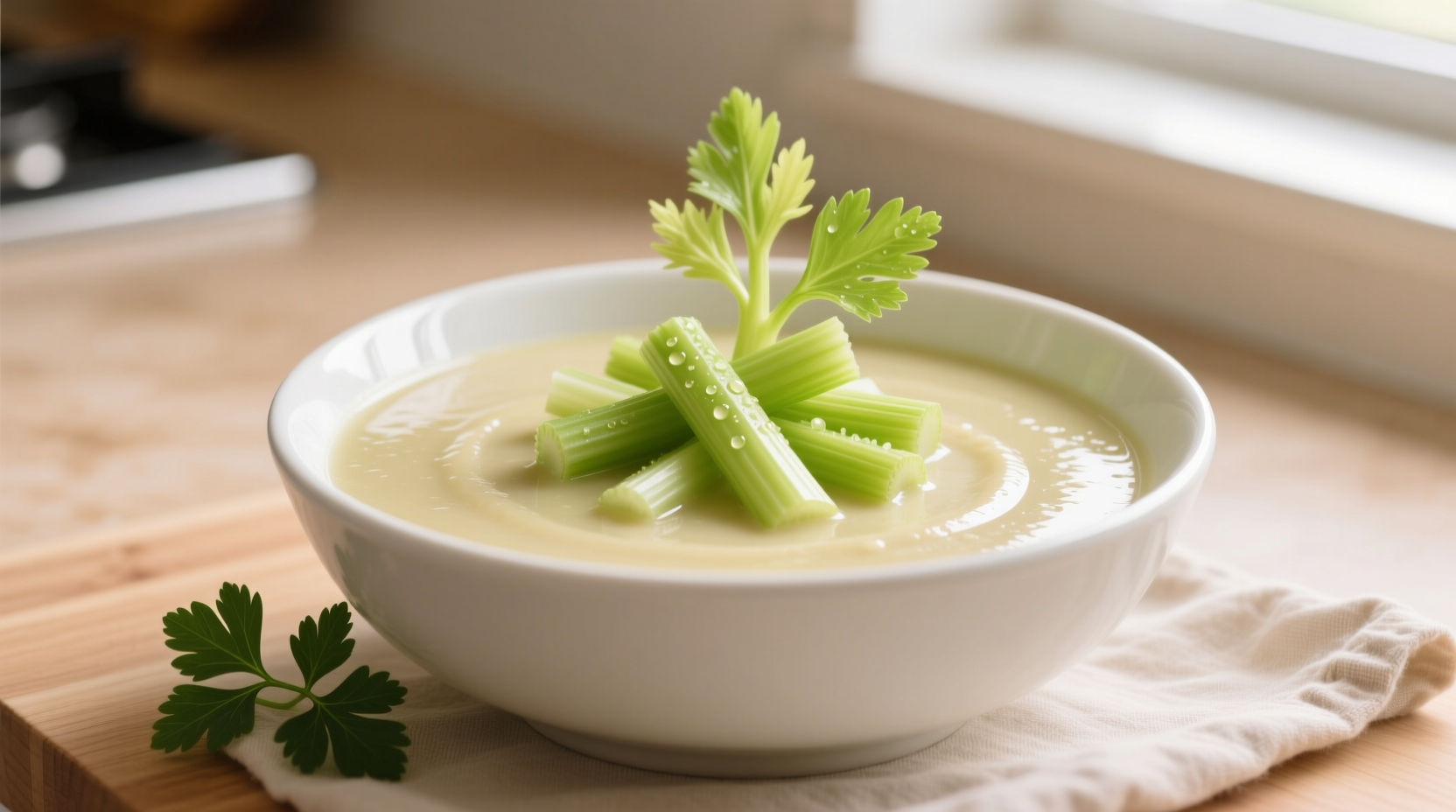 Cream of celery soup in white bowl with fresh celery garnish