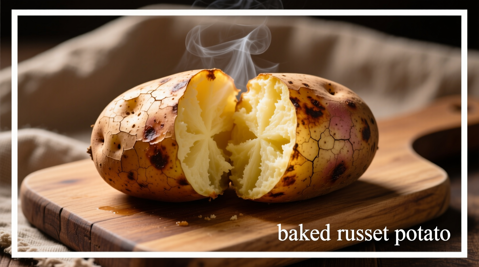 Baked russet potato with skin showing cross-section