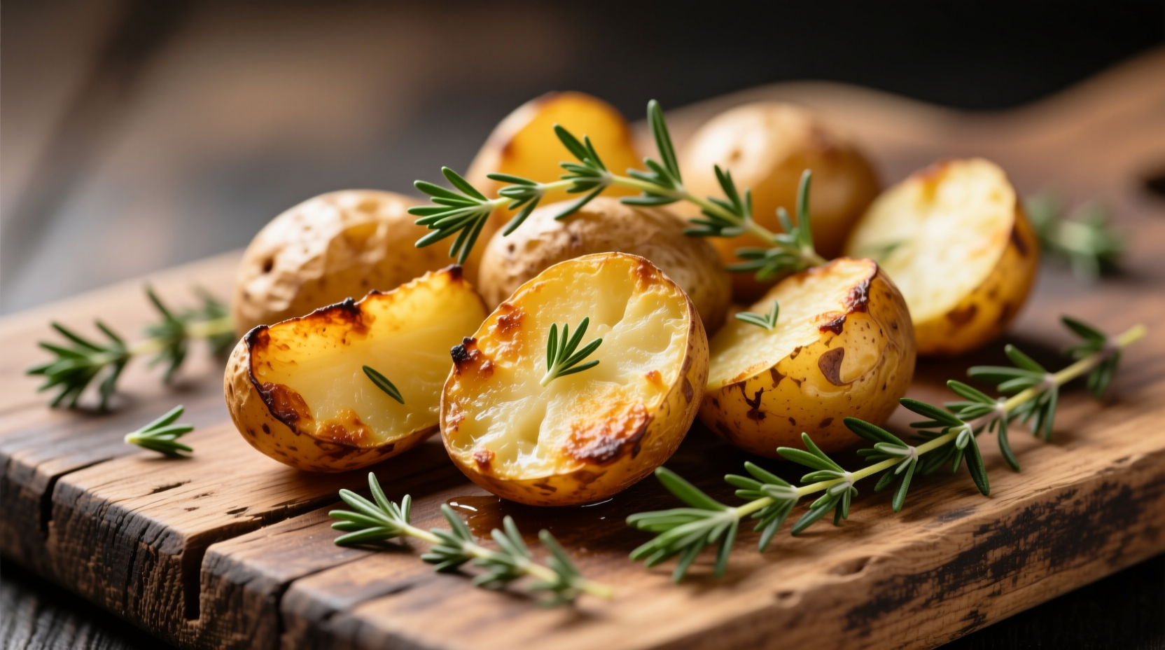 Golden roasted potatoes with fresh thyme sprigs on a rustic wooden board, showing crispy edges and herb infusion