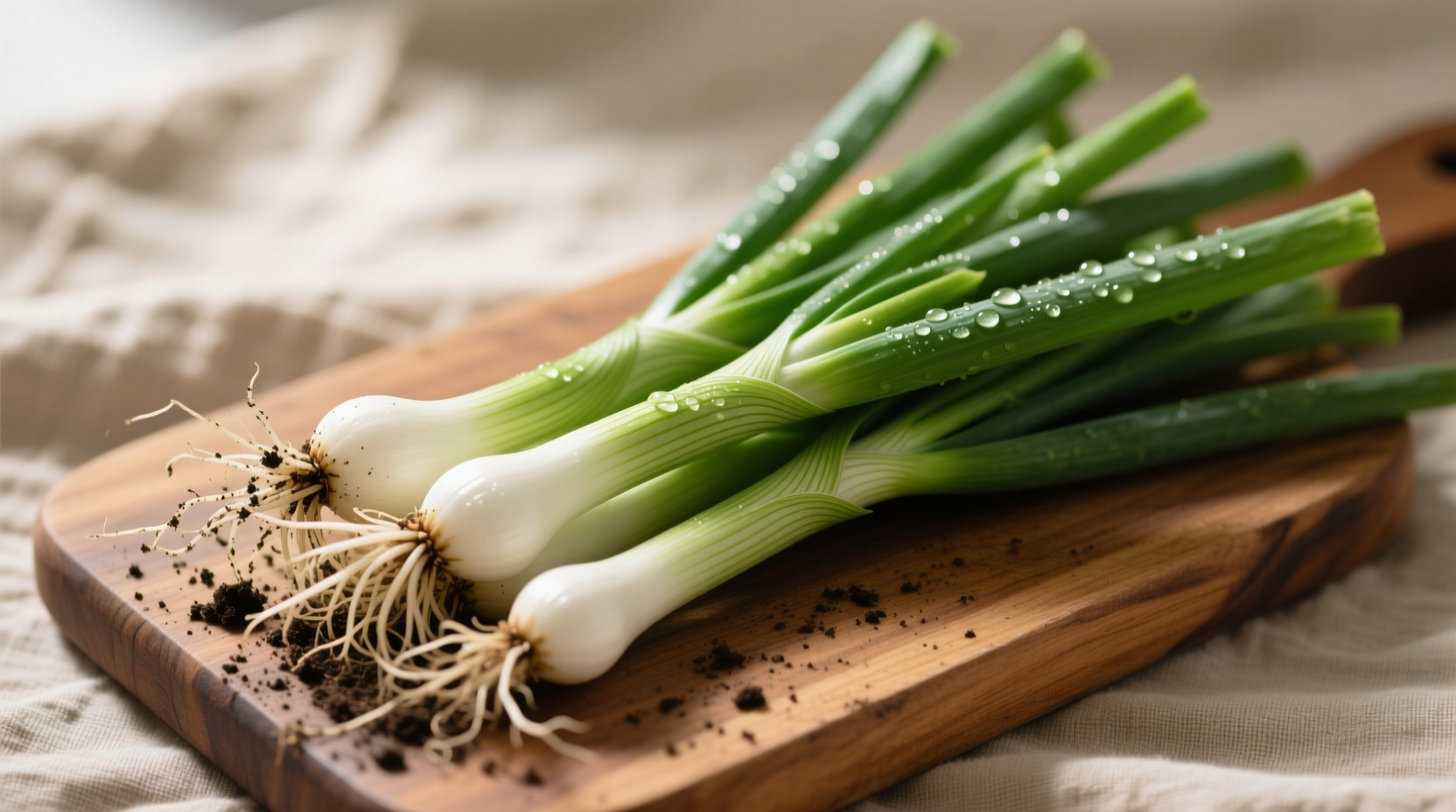 Fresh scallions with white roots and green stalks on cutting board