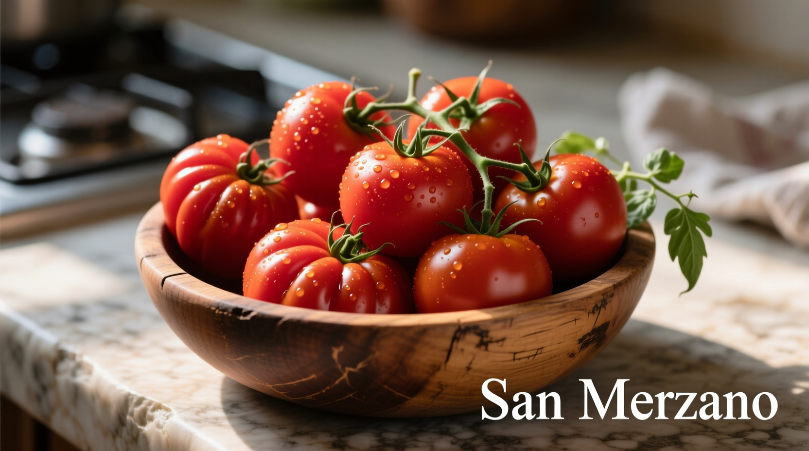 Fresh San Marzano tomatoes in wooden bowl