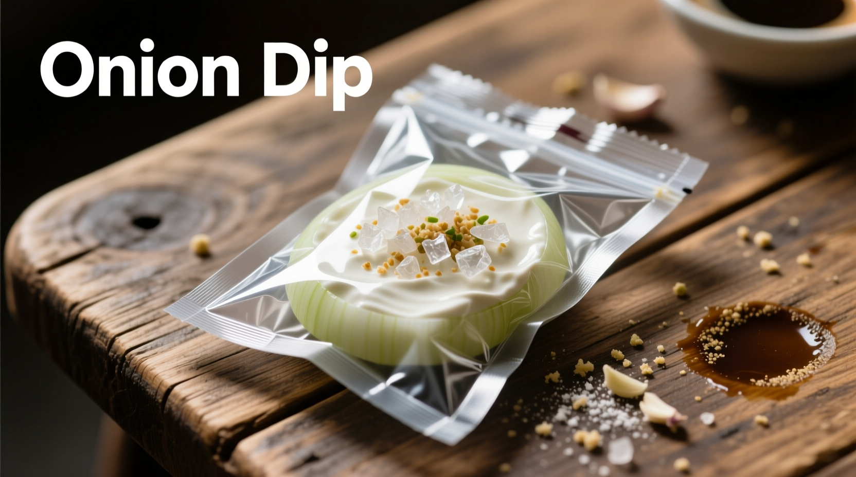Onion dip packet ingredients on wooden table