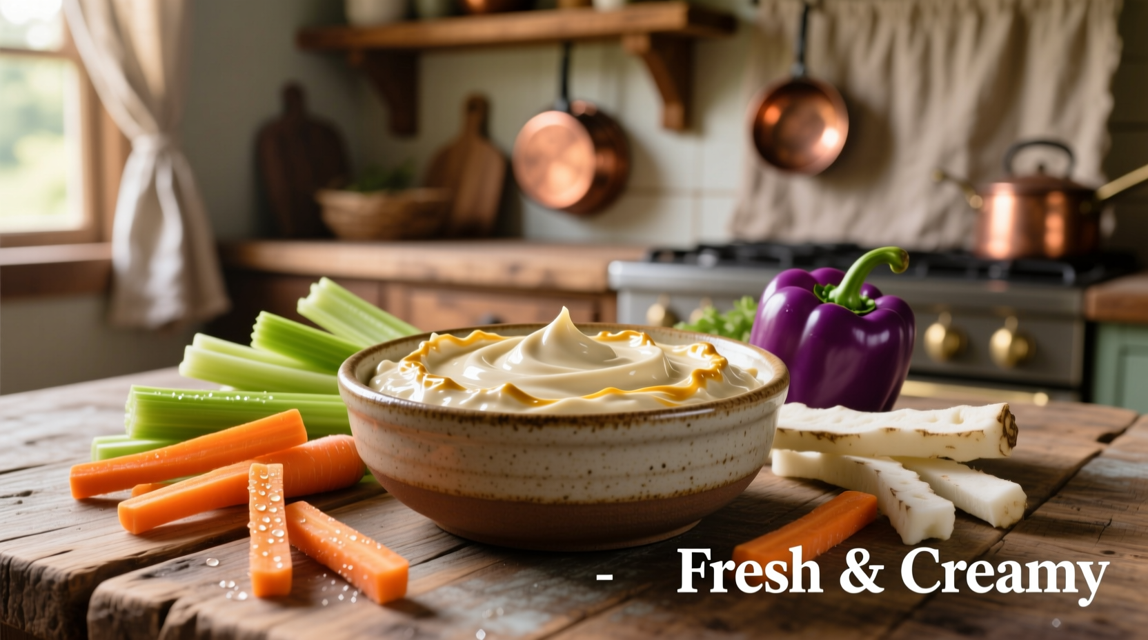 Creamy onion dip in bowl surrounded by vegetable sticks